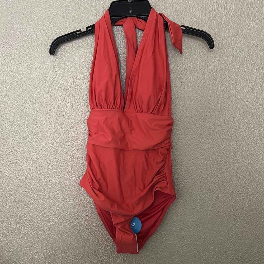 Women’s CUPSHE Whitney Ruched Halter Tummy Control One Piece Swimsuit XS Orange